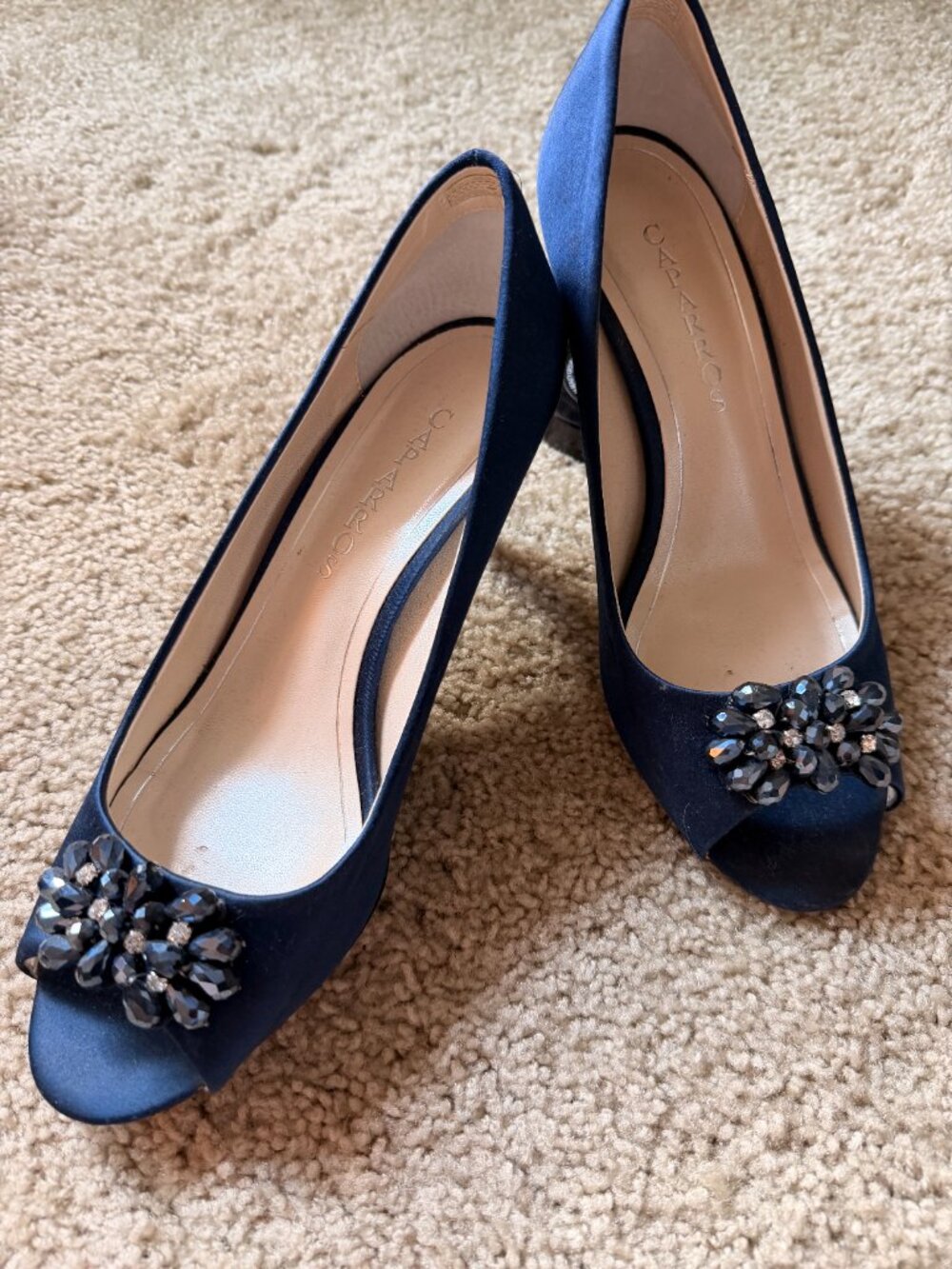 Caparros Royal/Navy Blue Satin Open Toe Heels with Sparkly Embellishments